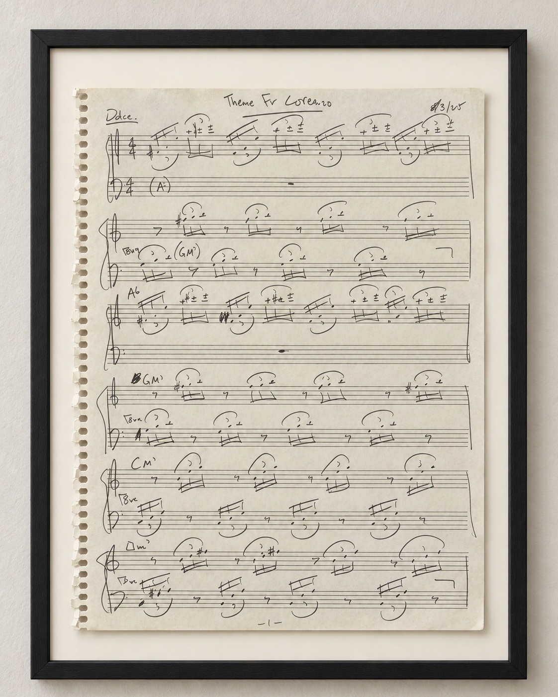 Framed original handwritten manuscript page